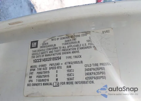 2002 Chevrolet S-10 S10 from USA, damaged, VIN 1GCCS145X28189294